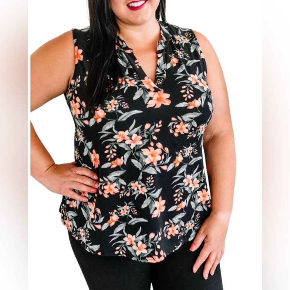 White Birch Black & Orange Notched Neck- Sleeveless Floral Gabby